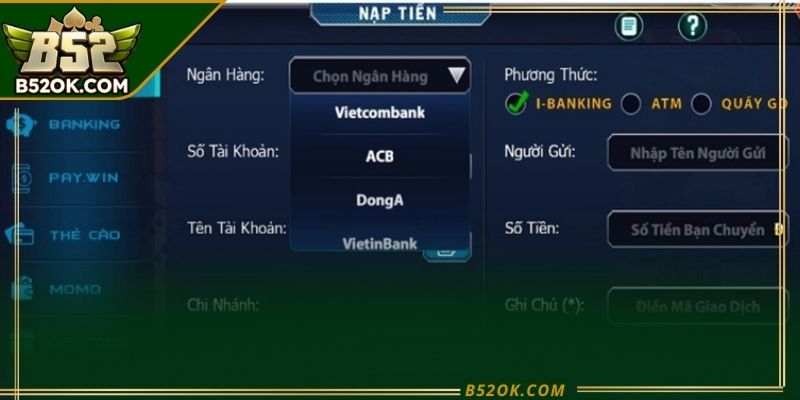 Giao diện rút tiền B52 hiển thị thông tin giao dịch